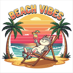 Fototapeta premium Cute Sloth Beach Relaxation Summer Vibes T-Shirt Design Tropical Sunset