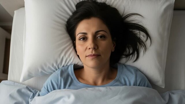 Calm brunette woman enjoying deep REM sleep on white pillow for health and recovery