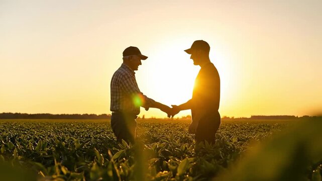 Senior and young male farmers shaking hands for intergenerational farm succession at sunset