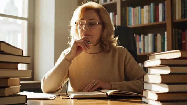 Mature Woman Writing in Library Surrounded by Books.