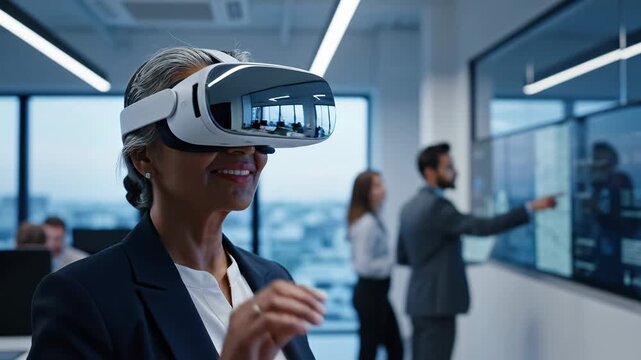 Virtual reality technology and innovation in a modern office environment for immersive training simulations with businesswoman experiencing virtual workspace during product demonstration Metaverse