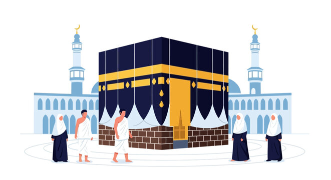 Pilgrims circumambulating the Kaaba during Hajj at the Grand Mosque in Mecca, illustration of a sacred Islamic ritual