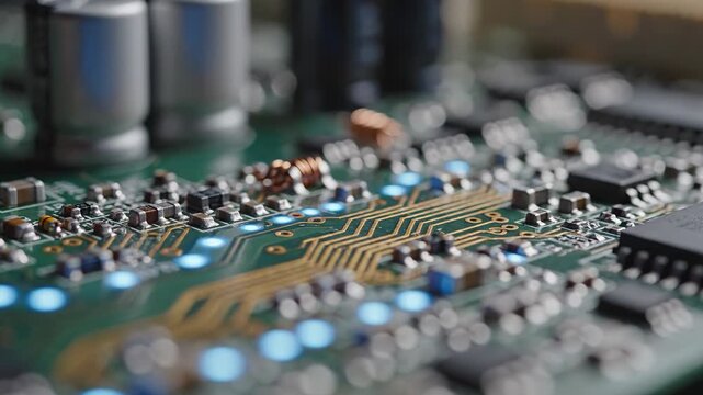 Circuit board electronics and technology components in a close-up view for modern innovation digital engineering and advanced manufacturing with microchips processing data efficiently within complex