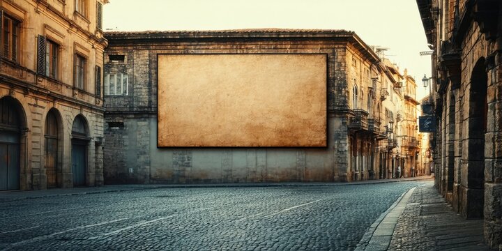 Old town street scene. Empty cobblestone road leads toward large blank canvas. Buildings flank sides, warm light filters through.