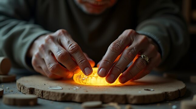 person's hands working with glowing wood piece on wooden disc