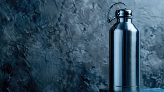 A stainless steel water bottle placed on a table, perfect for outdoor activities or everyday use