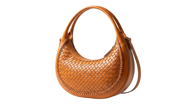 Stylish Brown Leather Woven Handbag with Strap isolated on transparent background