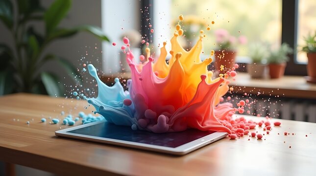 Colorful paint splash explosion from digital tablet on wooden desk