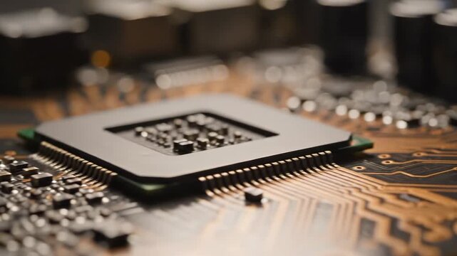 Circuit board electronics and technology components in a close-up view for modern innovation digital infrastructure and advanced engineering with microchip processor operating within complex system