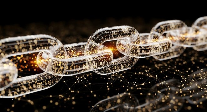 Glowing digital chain with binary code on transparent links