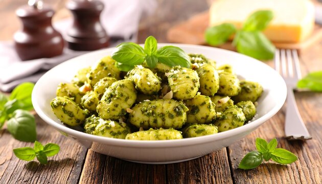 Plate of gnocchi coated in pesto, garnished with basil leaves, on a rustic wooden table, with cheese in background
