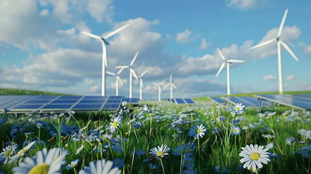 A field of colorful flowers with old-fashioned windmills in the background, suitable for rustic or countryside-themed designs