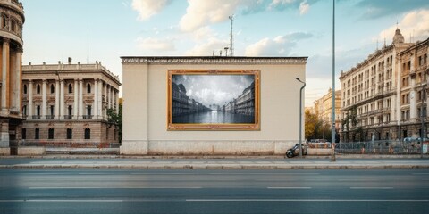Naklejka premium City street scene. Large painting displayed on building facade. Empty road, classic architecture visible. Cloudy sky above.