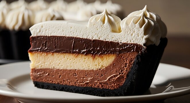 American Mississippi Mud Pie with thick chocolate layers, whipped cream and cookie crust, rich textures visible in slice