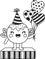 Fototapeta premium A cheerful cartoon character celebrates a birthday with heart shaped balloons