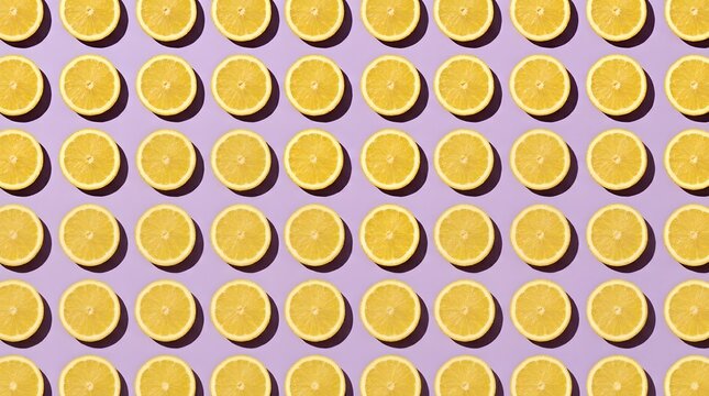 Seamless pattern of fresh lemon slices arranged on a light purple background.