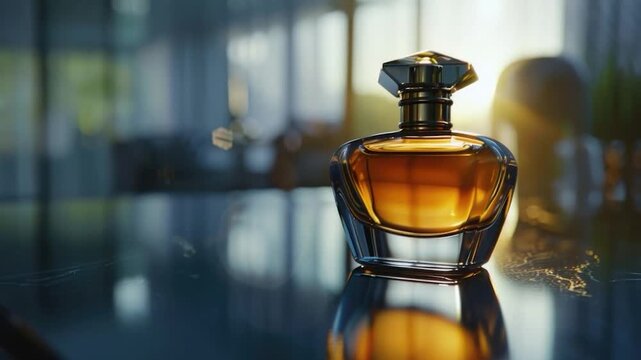 A perfume bottle sits on a table with a simple background, suitable for use in advertisements or product displays