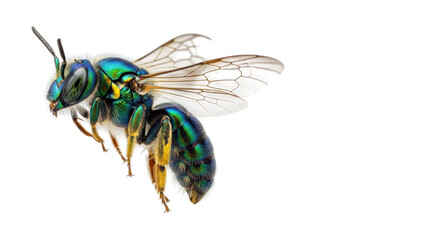 Isolated Sweat Bee featuring striking iridescent coloring and transparent veined wings in studio shot © Lyra