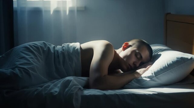 Young Caucasian man sleeping in bed with morning light for circadian rhythm health