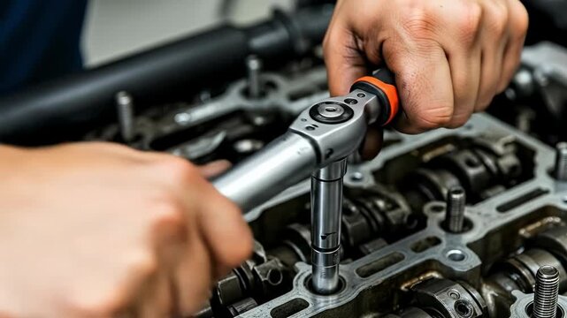 Professional male mechanic using a torque wrench for precision engine rebuilding and maintenance