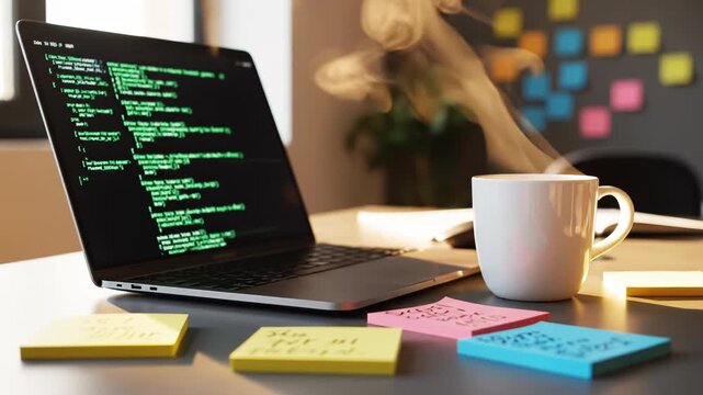 Coding programming and software development for a remote work environment with developer writing code on laptop while enjoying coffee Technology innovation and digital transformation with modern