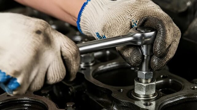 Mechanic in gloves using ratchet wrench for diesel engine cylinder head bolt tightening