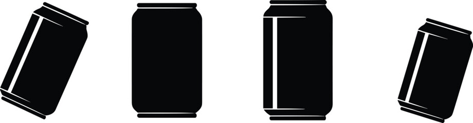 Aluminum soda can silhouette set in different angles, beverage drink container vector icon collection for packaging design, branding mockup and refreshment industry graphics.