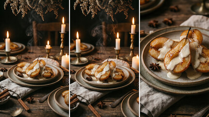 Fototapeta premium Warm spiced baked pears with vanilla cream elegantly presented for a festive dining experience.
