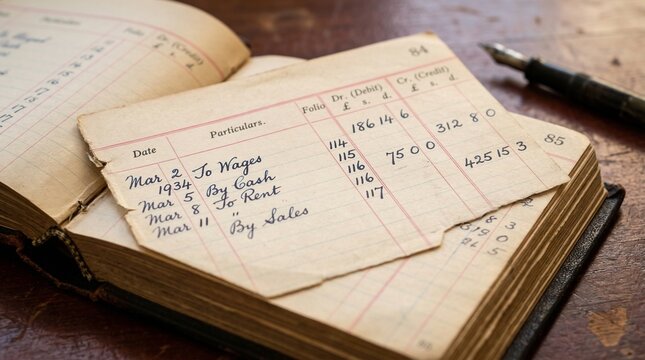 Ledger book with filled columns for financial year records  