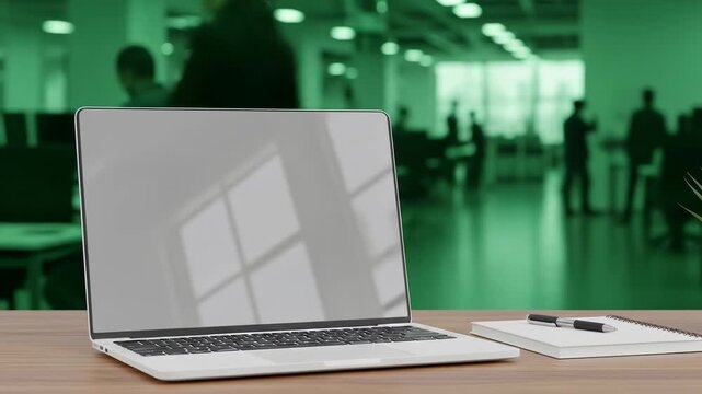 A silver laptop with a blank screen sits on a wooden desk with a notebook and pen