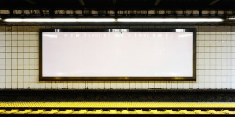 Fototapeta premium Subway station interior. Blank billboard dominates tiled wall above platform. Bright lights illuminate space, dark shadows present.