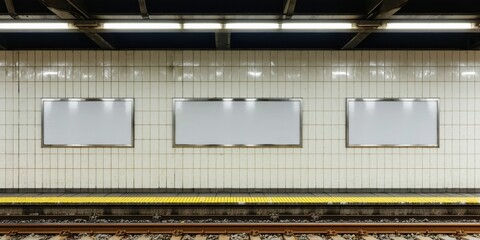 Fototapeta premium Subway station interior. Tiled walls, bright lights, blank billboards above platform. Dark background creates contrast. Minimalist aesthetic.