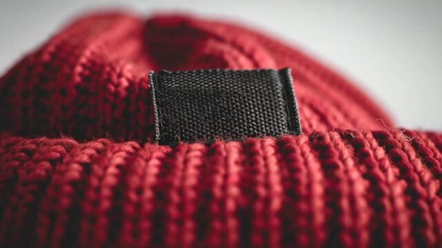A close-up of a red hat with a distinctive black label, great for representing fashion or style
