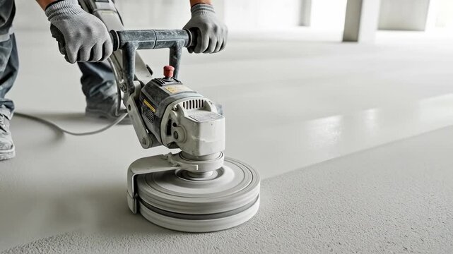 Professional worker polishing industrial concrete floor with heavy duty grinding machine