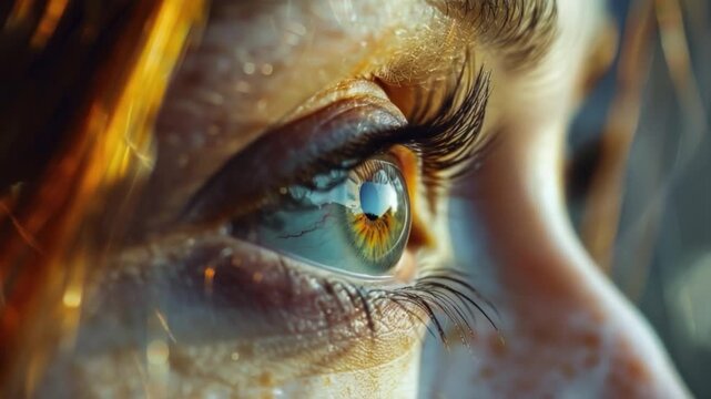 A close-up shot of an eye with water droplets on the surface, emphasizing the moisture