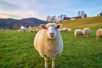 Naklejka premium Curious Sheep in a Lush Green Pasture. Fluffy sheep standing in a vibrant green pasture with a grazing flock and rolling mountains in the background, rural landscape.