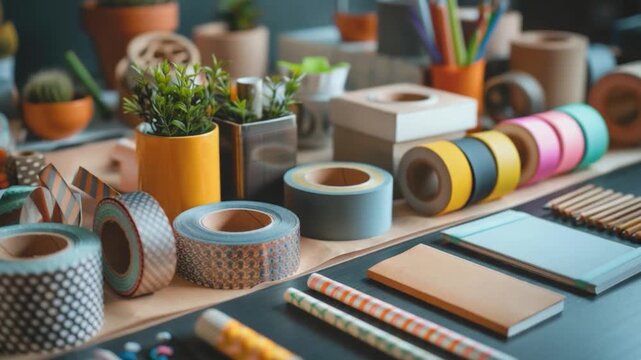 A colorful tabletop covered with various colored tapes