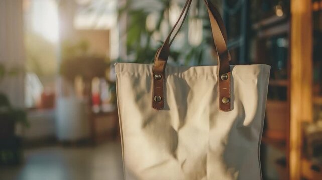 A white bag hangs from a hook in a room, possibly containing personal items or clothes