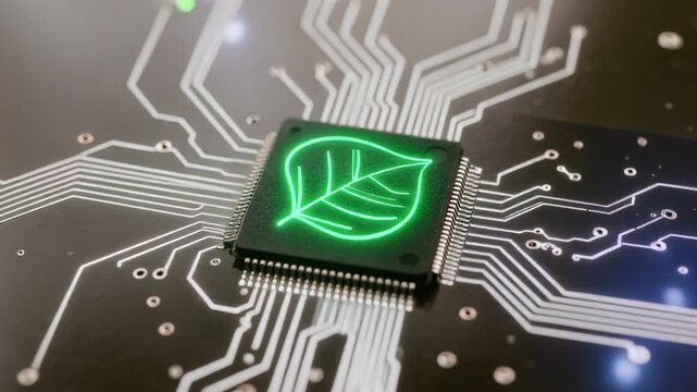 Close up of eco friendly technology concept with green leaf glowing on computer chip and circuit board