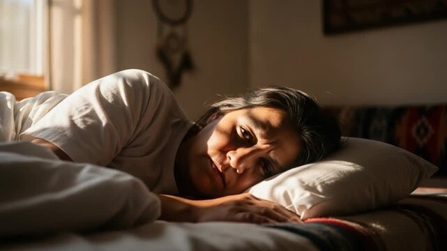 Native American woman sleeping peacefully in bed with morning sunlight on her face, mindful rest and wellness