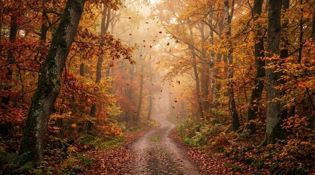 Autumn Forest Path with Golden Leaves and Sunlight