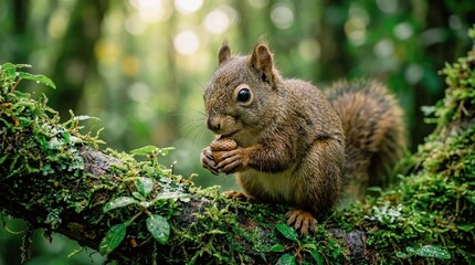 Obraz premium Cute Squirrel Eating Nut in Forest Wildlife Close Up