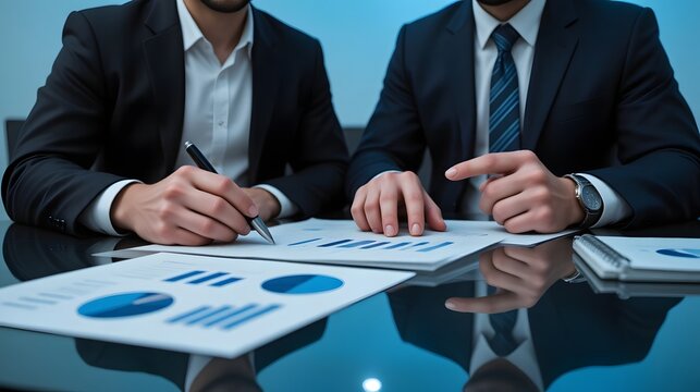 Two business professionals analyzing financial reports on a reflective glass table in a corporate setting