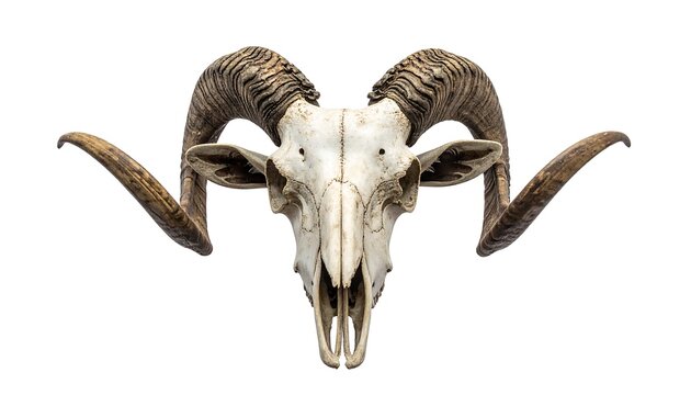 Ram's skull with textured horns, centered on a white background, detailed bone structure and curved horn shape