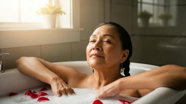 Mature Asian woman enjoying a relaxing bubble bath with rose petals for holistic menopause self-care