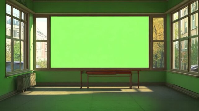 A sunny, green-walled room with large windows, city views, and a small table. A blank screen
