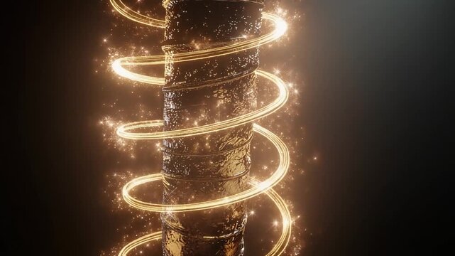 Golden glowing spiral light wrapped around a metallic textured pillar with sparkling particles on dark background