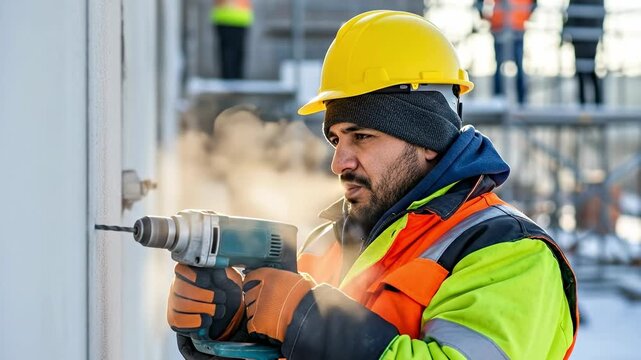 Middle Aged Hispanic Construction Worker Drilling Concrete Wall in Cold Winter Weather