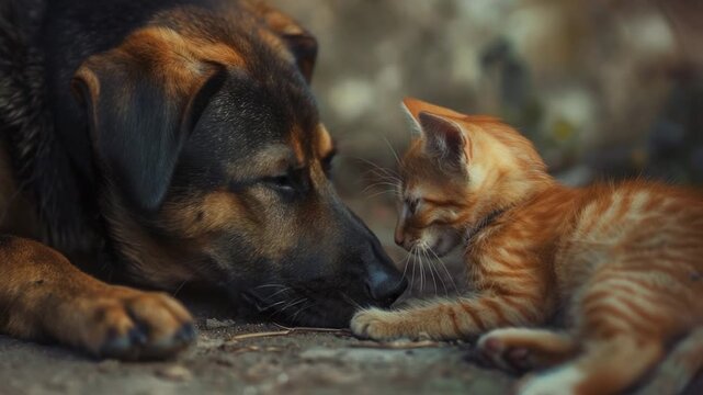 A dog and a cat lying together on the ground, an unlikely friendship