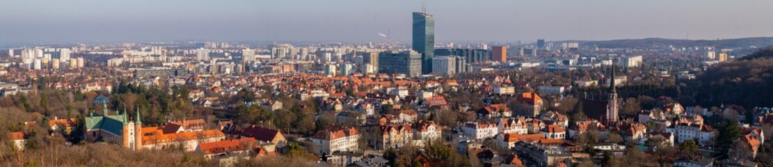 Obraz premium Beautiful Gdansk aerial cityscape. Historic residential district and corporate business skyscrapers